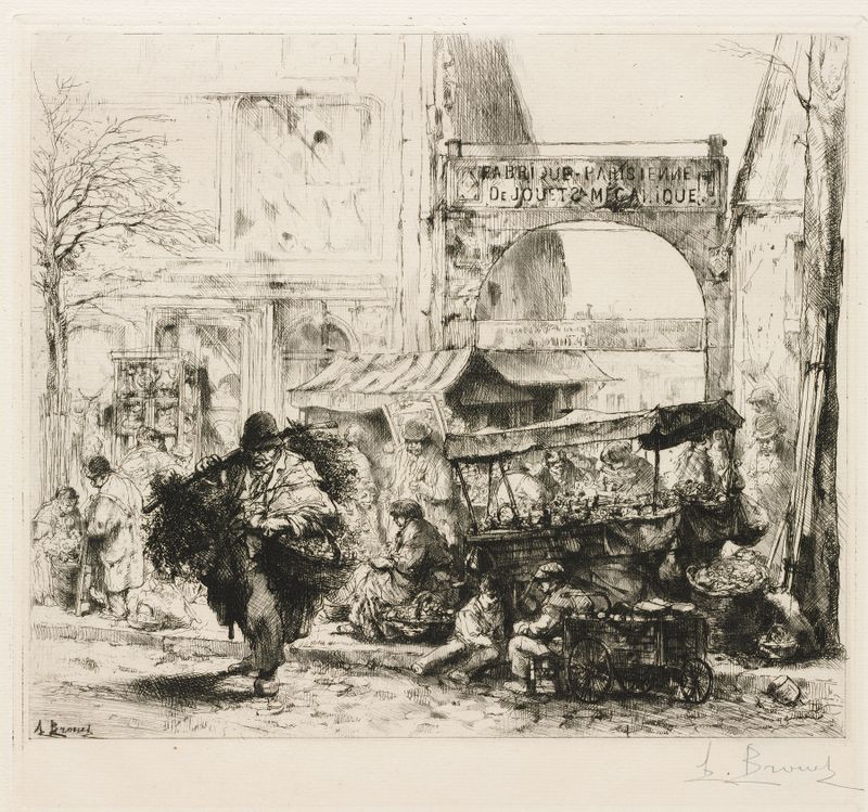 Escena de género que representa figuras en una avenida bulliciosa, óleo de Auguste Brouet