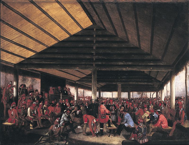 Pintura histórica a óleo de John Mix Stanley retratando um conselho de figuras nativas em 1843