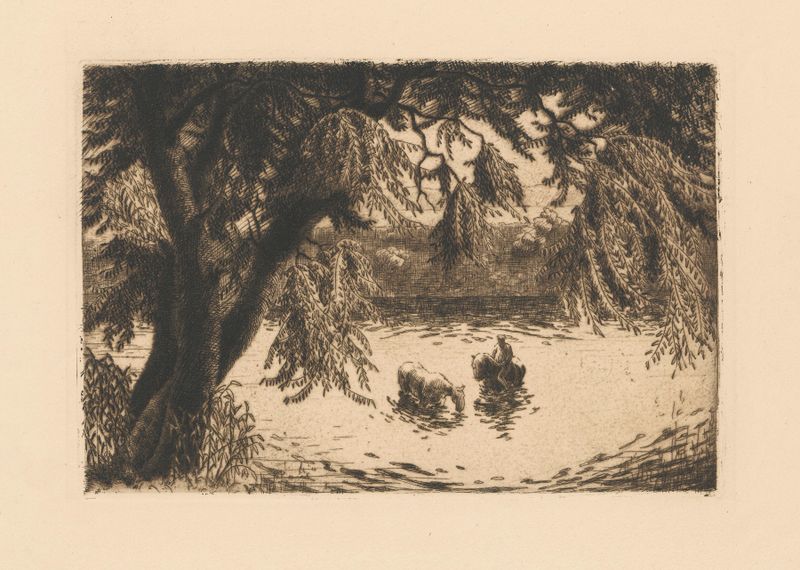 Obra figurativa de Walter Bud, In der Schwemme, mostrando figuras em luz suave.