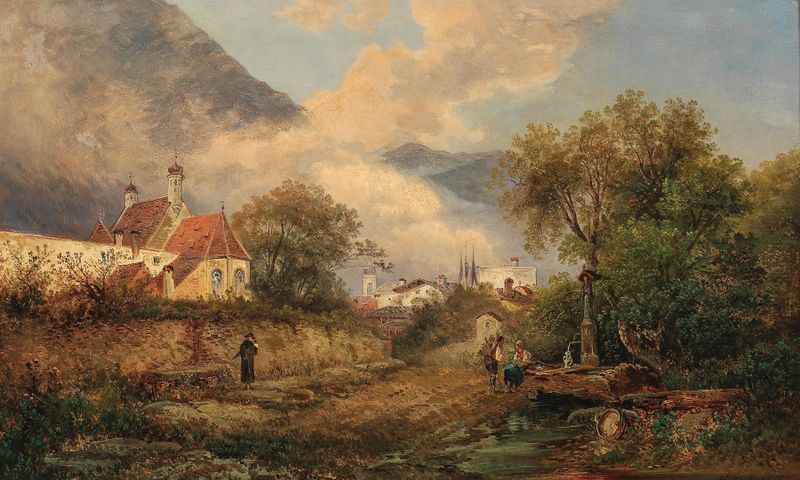 Romanticism landscape by Gustav Barbarini featuring a fountain and village at sunset