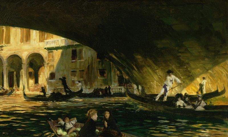 The Rialto, Venice de John Singer Sargent, pintura al óleo que representa una escena de canal al atardecer