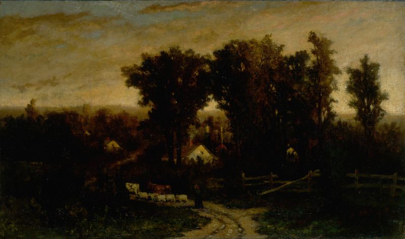 Escena de género de una mujer con ganado y ovejas al anochecer, pintura al óleo de Edward Mitchell Bannister