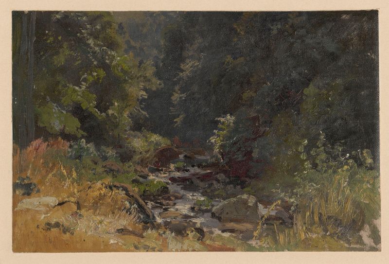 Landscape of The Pełcznica Stream by Adolf Dressler, oil painting depicting flowing water and reflections.