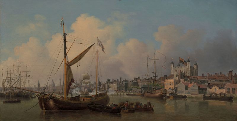 A View of the Tower of London, oil on canvas by Samuel Scott, featuring flags and a serene sky.
