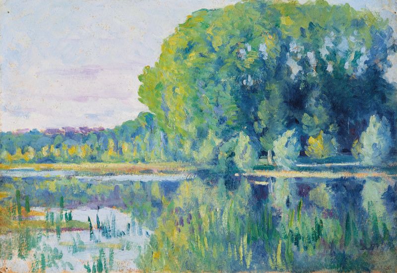 Paisagem com reflexos na água, pintura a óleo de Maximilien Luce