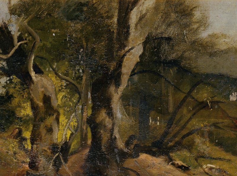 Waldstudie by Josef Navrátil, oil on canvas depicting a lush forest scene.
