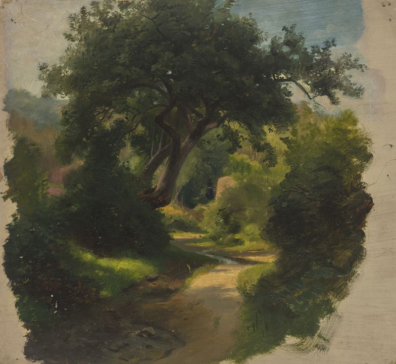Forest path by Jakob Becker, oil on canvas, depicting light filtering through trees