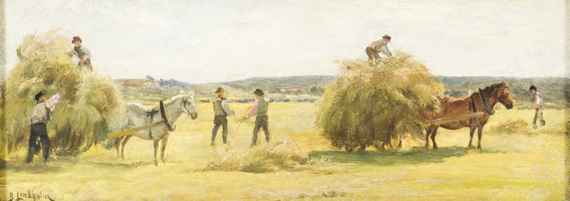 Haymaking by Berndt Lindholm, oil on canvas depicting figures gathering sheaves in a rural landscape.