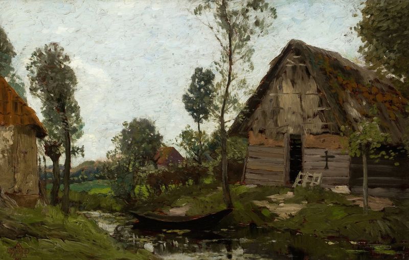 Impressionist landscape with house and boat by Henry Ward Ranger