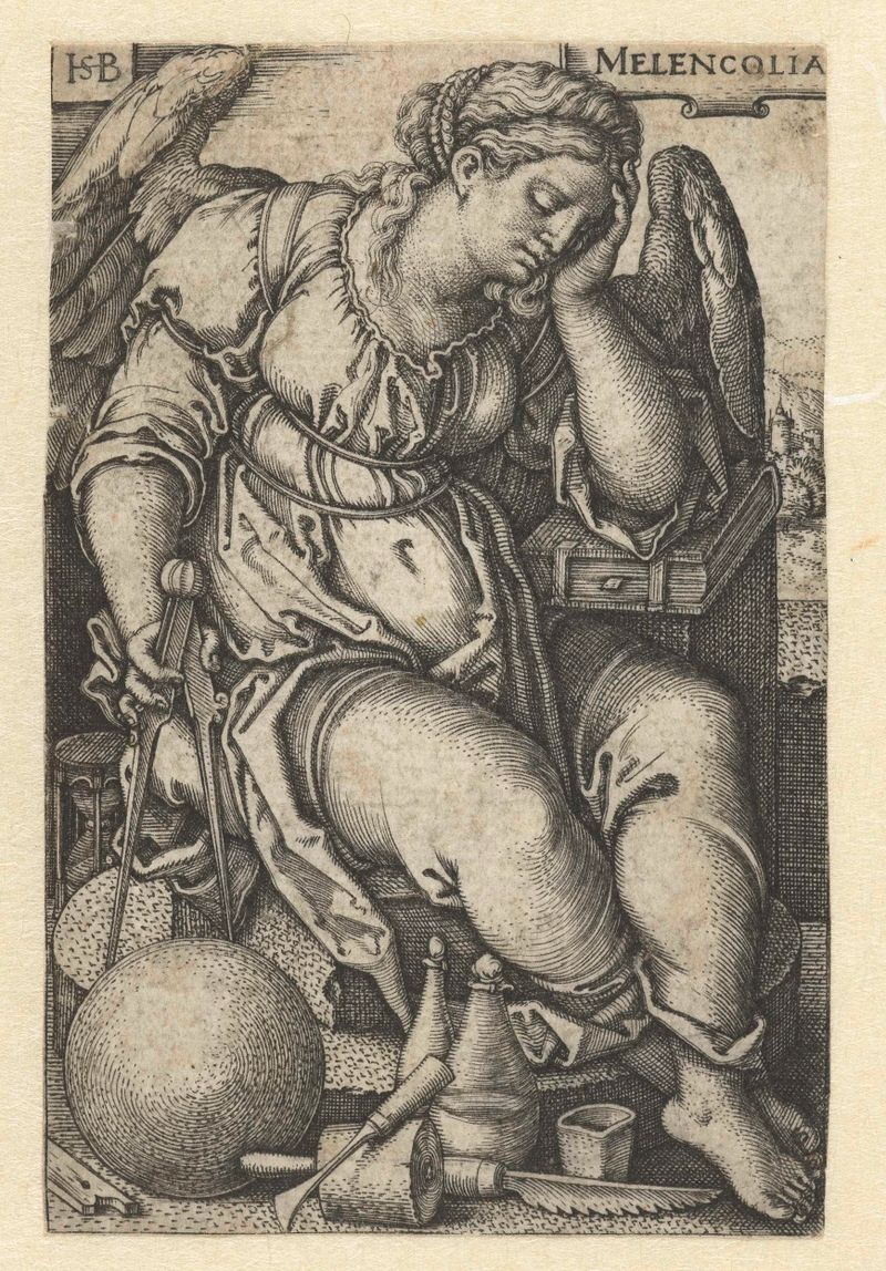 Grabado de Hans Sebald Beham que representa una figura envuelta en sombras, personificando la melancolía.