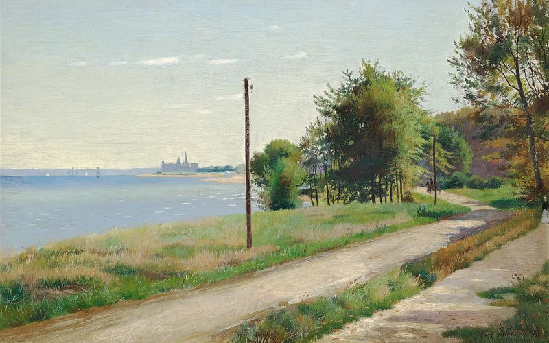 Landscape oil painting by Carl Carlsen featuring Kronborg Castle and summer coastline