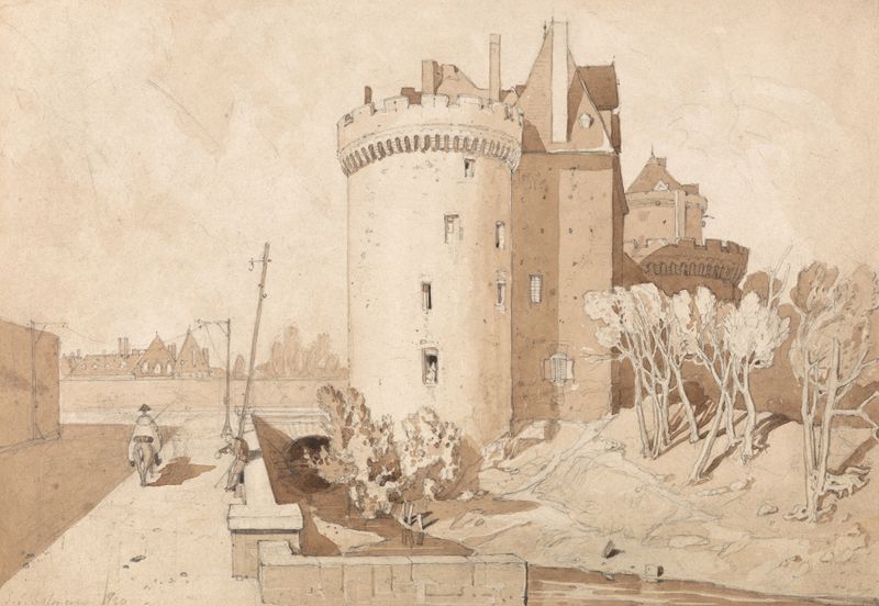 Castle at Alencon de John Sell Cotman, acuarela sobre papel, que representa un castillo con nubes