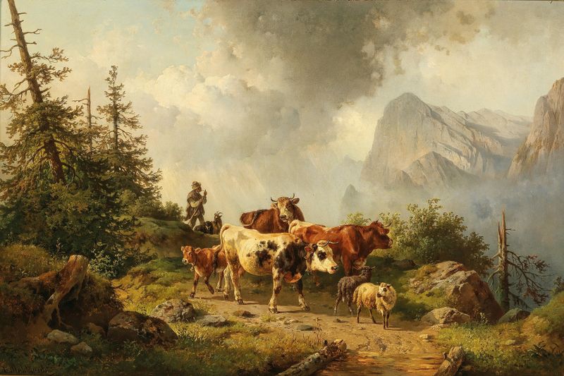 Returning Home from the Alpine Pasture by Edmund Mahlknecht, realism, depicts figures on a grassy hill.