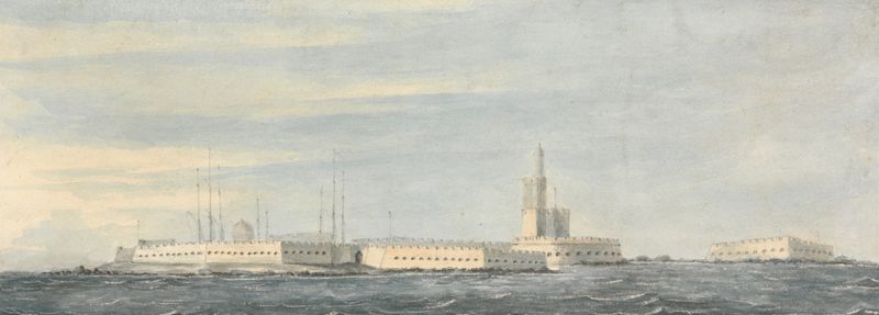 Pintura al óleo de paisaje de Nicholas Pocock con figura solitaria y cielo amplio