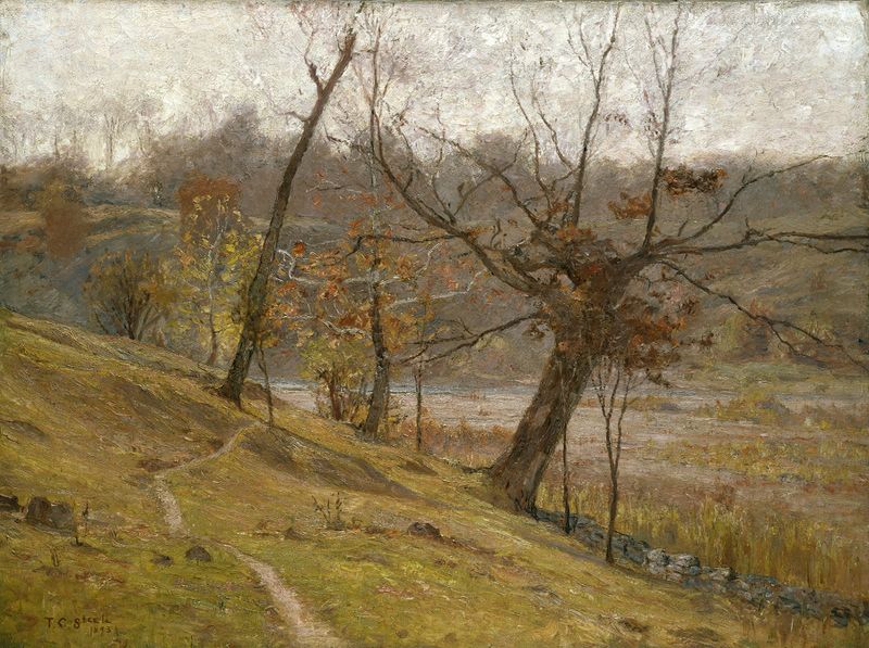 The Bloom of the Grape by Theodore Clement Steele, oil on canvas, depicting grapes and lush greenery.