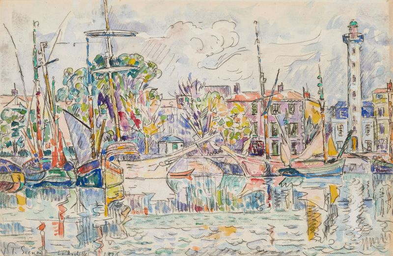 La Rochelle, le phare de Paul Signac, óleo que muestra un faro y el océano bajo un cielo nublado.