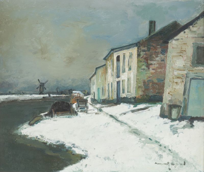 Paisaje de Armand Apol, pintura al óleo que muestra suaves colinas y nubes.