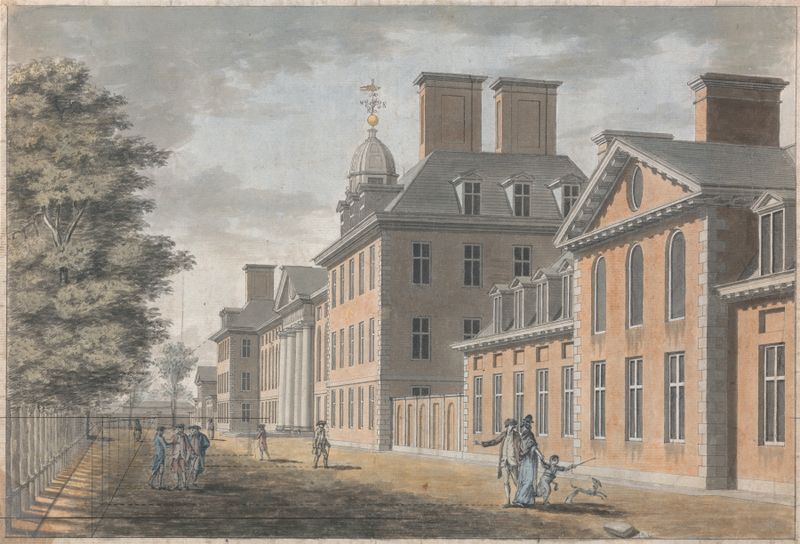 Arquitetura da fachada do Chelsea Hospital com tijolos e folhagem, de Thomas Malton.