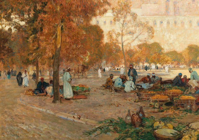 Market scene with vendors and spices, oil on canvas by Sir Alfred East