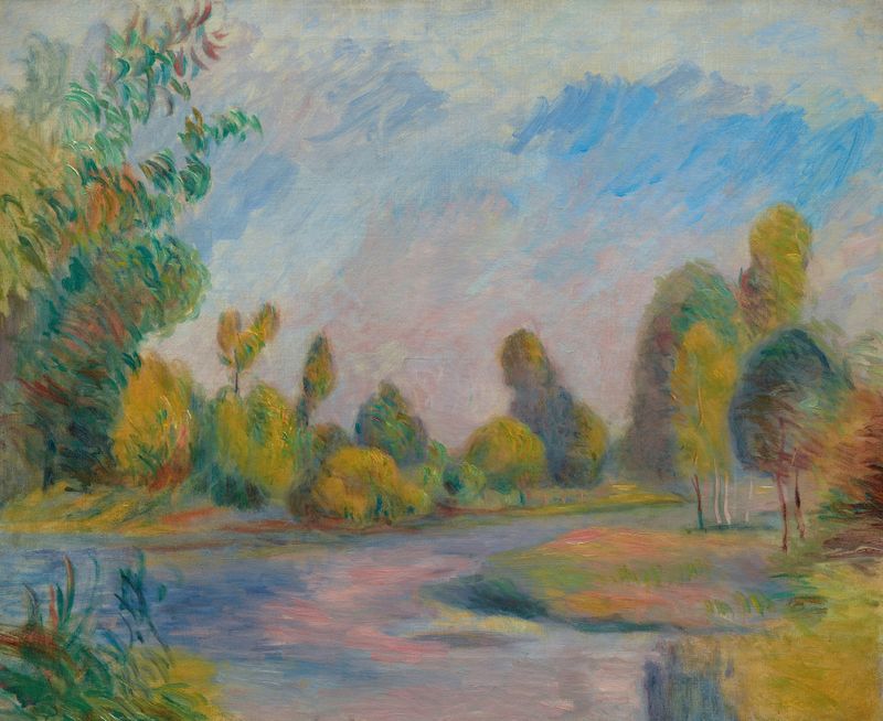 Au bord de la rivière, oil on canvas by Pierre-Auguste Renoir, depicting figures relaxing by a riverbank.