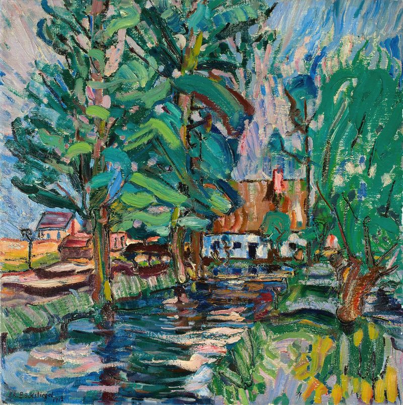 Paisagem com um moinho e campos verdes, pintura a óleo de Peter August Böckstiegel
