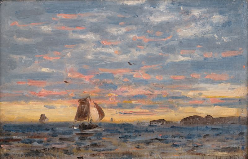 Pintura figurativa a óleo de Amaldus Nielsen com figuras dinâmicas e cores vibrantes