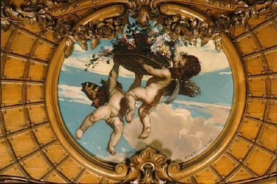 Amorin with flower basket, oil on wood by Julius Kronberg
