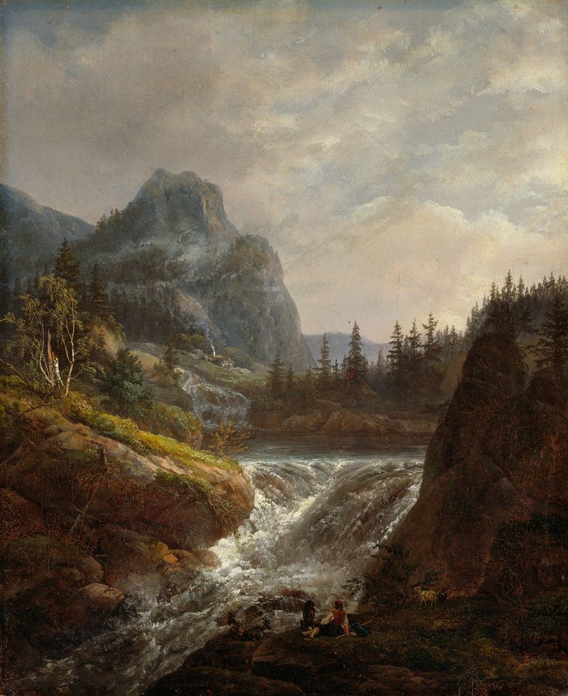 Norwegian Landscape de Johan Christian Dahl, óleo que muestra montañas bajo luz dorada.