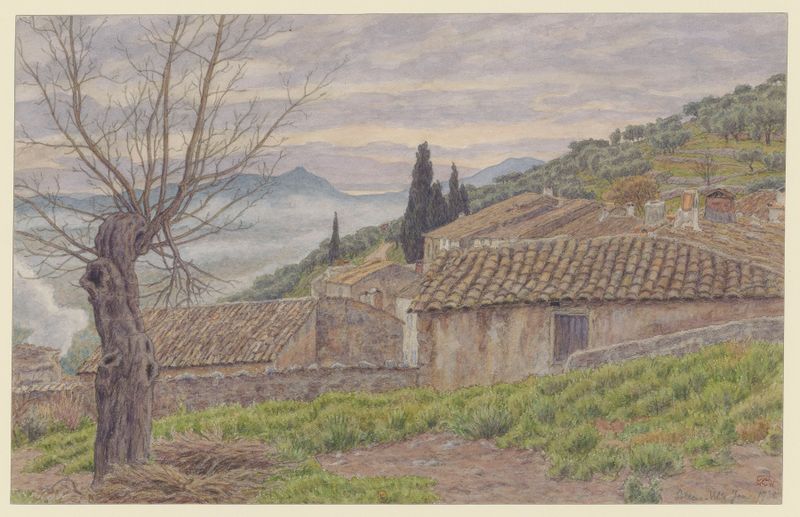 Solliès-Ville de Henri Rivière, acuarela sobre papel que representa un pueblo con suaves pasteles.