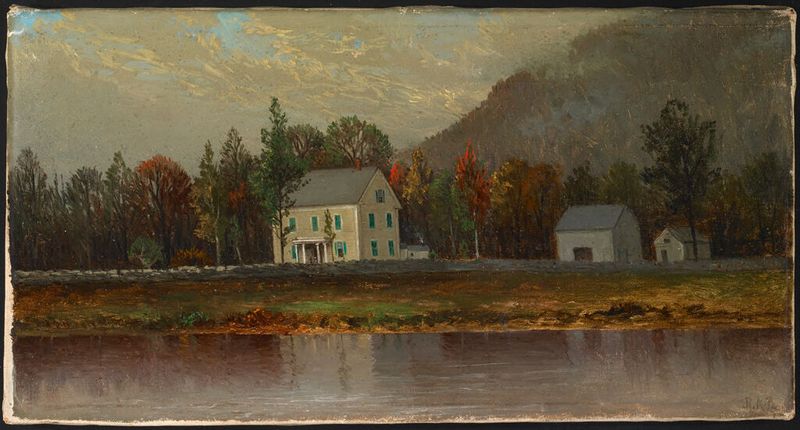 Paisagem de Ralph Albert Blakelock, óleo sobre tela mostrando um lago tranquilo ao crepúsculo.