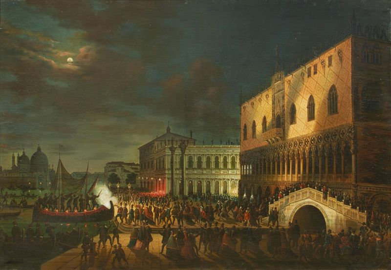 Cena de gênero representando um banquete noturno na Piazzetta em Veneza por Giovanni Grubacs, pintura a óleo
