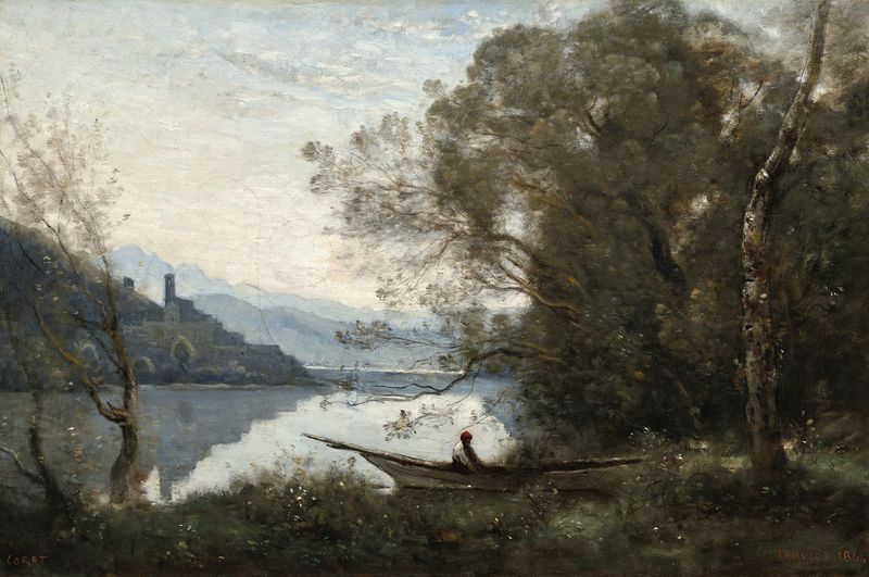 O Barqueiro Amarrado, uma pintura a óleo realista de Jean-Baptiste-Camille Corot que retrata um barqueiro em um lago.