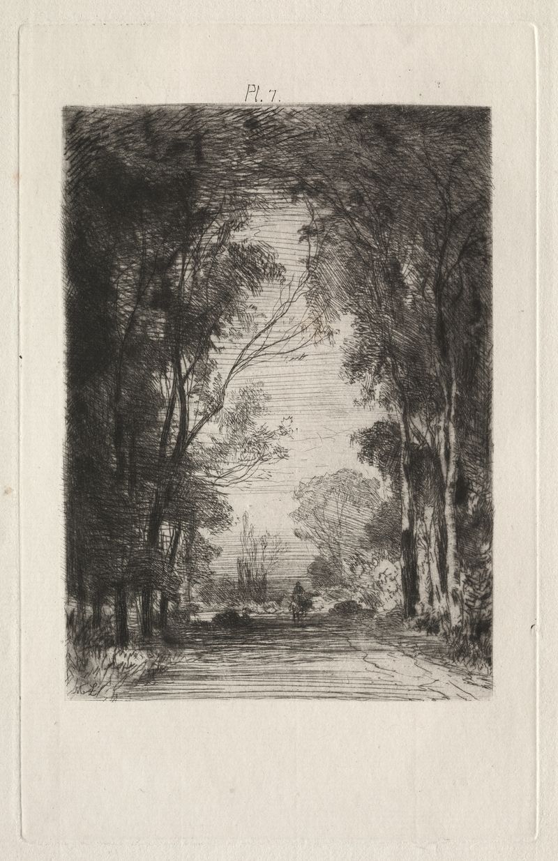Viajante em um caminho na floresta, óleo sobre tela de Maxime Lalanne