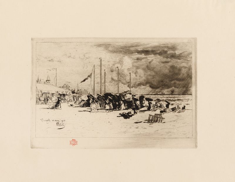 A Squall at Trouville de Félix Hilaire Buhot, pintura a óleo que retrata um mar tempestuoso.