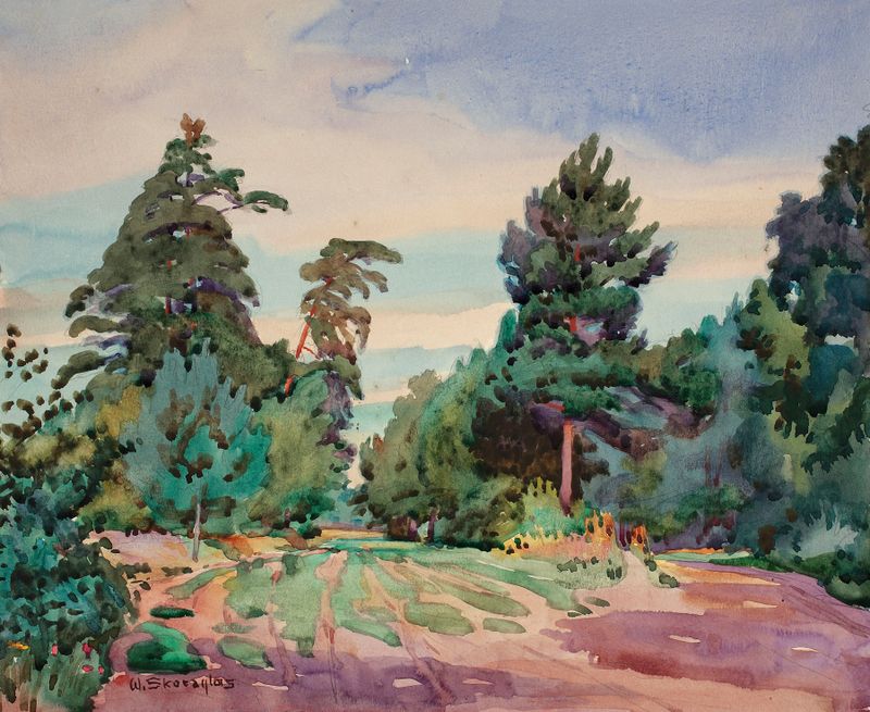 Paisaje con un camino de arena entre pinos de Władysław Skoczylas, pintura al óleo