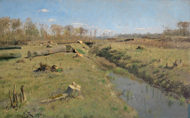 oil painting by Paul von Ravenstein depicting woodcutting in a forest