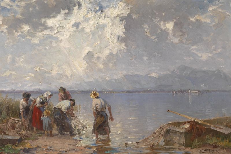 Escena de género que muestra a una familia junto al lago, pintura al óleo de Joseph Wopfner