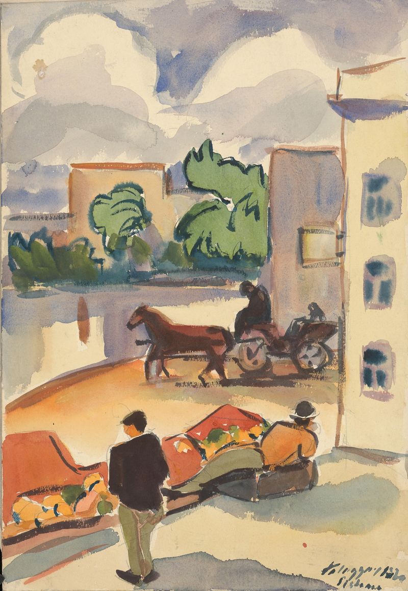 Obra impressionista de Zolo Palugyay retratando uma rua de paralelepípedos molhada