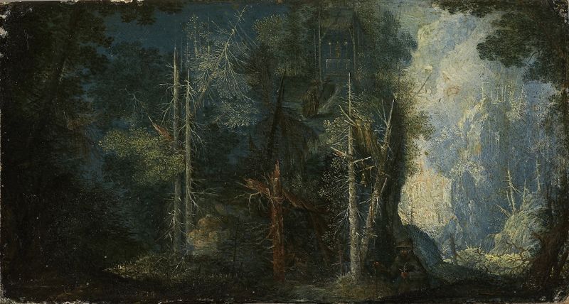 Woodland scenery with hermitage, oil on canvas by Pieter Stevens