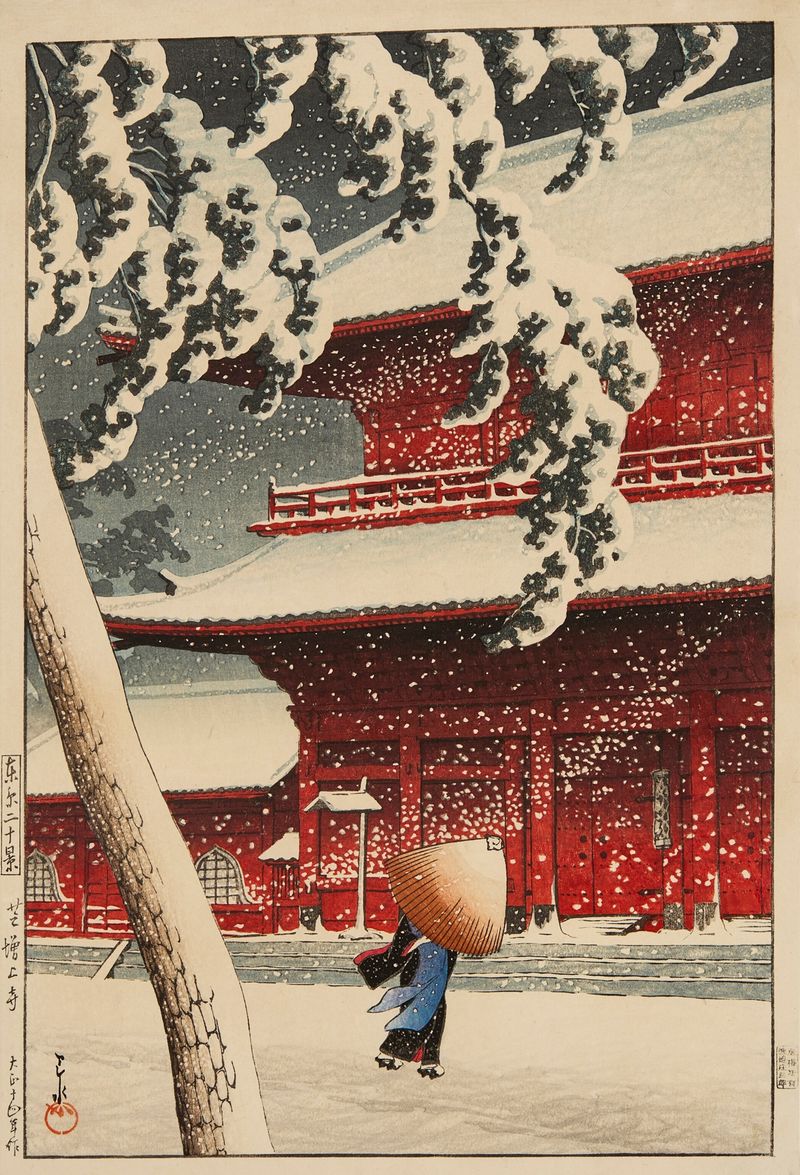 Ukiyo-e de Kawase Hasui representando a arquitetura do Templo Shiba Zojoji