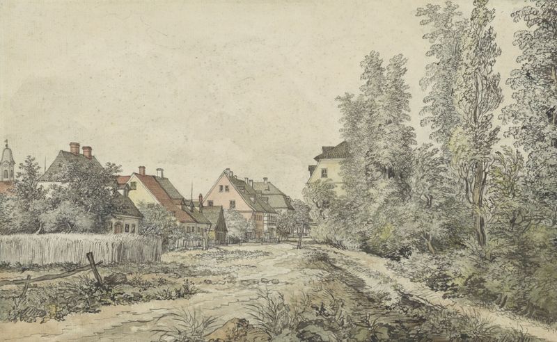 Watercolour by Henry Edridge depicting a village landscape with homes and a winding pathway.