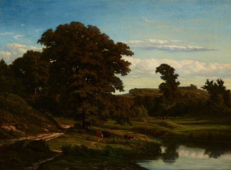 Estanque tranquilo reflejando el cielo, pintura al óleo de Jules Dupré