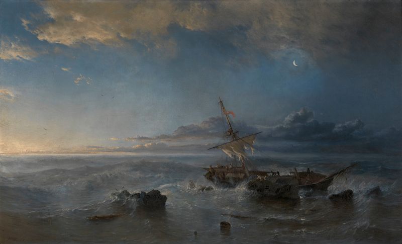 The Day after the Shipwreck by Paul Jean Clay, oil on canvas, depicts wreckage on a shoreline.