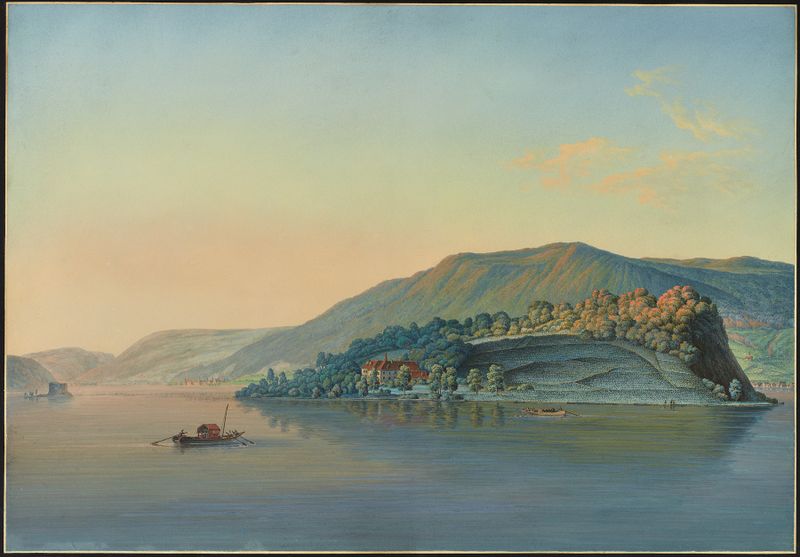 Oil painting by Johann Joseph Hartmann depicting a serene lake and island.