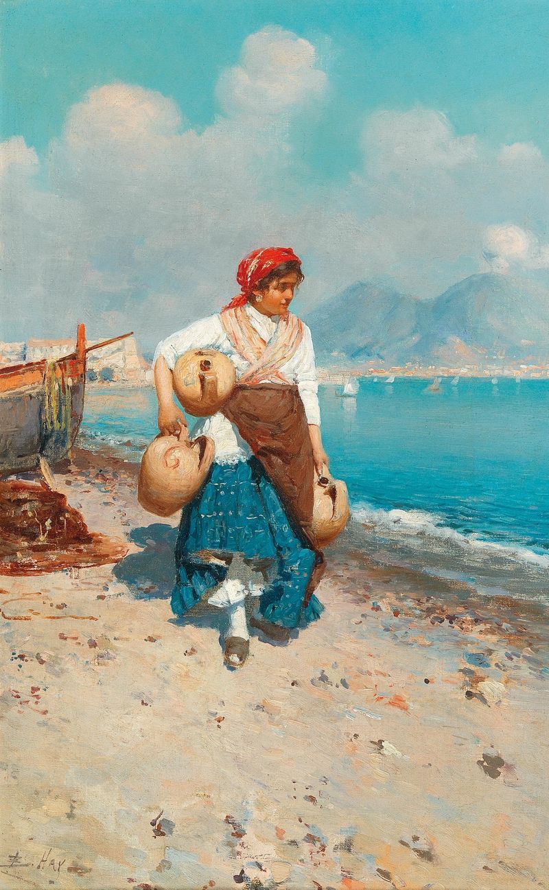 Oil on canvas by Bernardo Hay depicting a tranquil beach scene with waves and a pastel sky.
