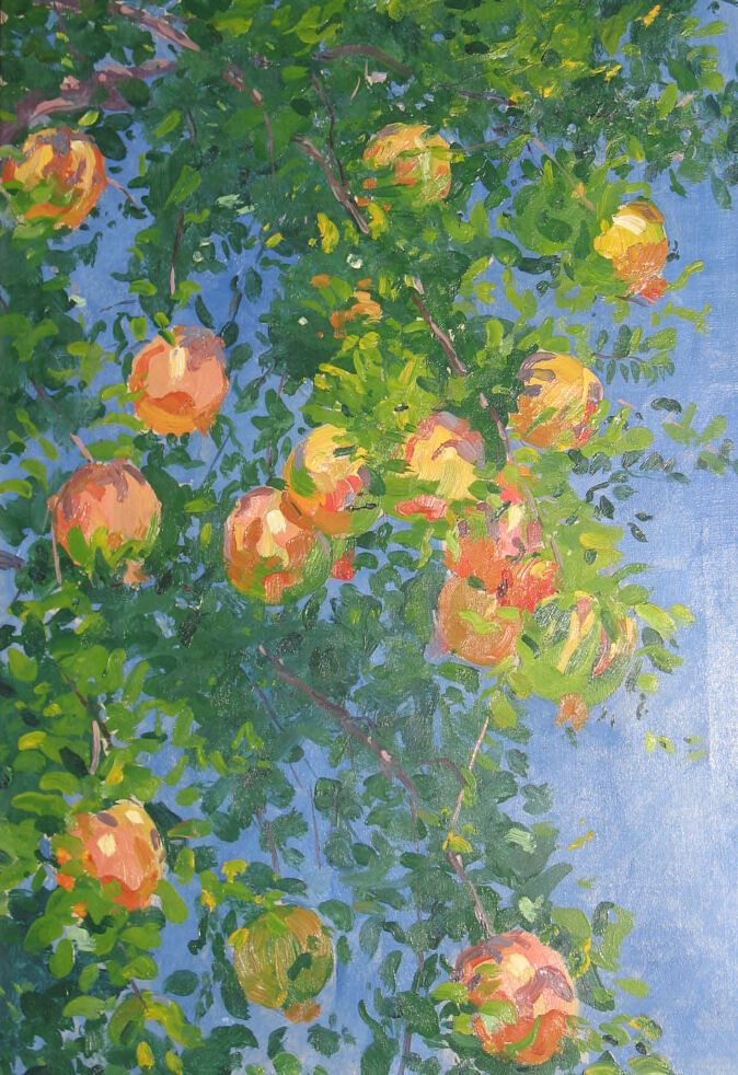Still life of pomegranates in oil on canvas by Robert David Gauley