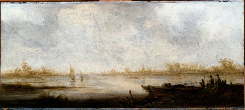 River landscape oil painting by Aelbert Cuyp featuring reflections and distant hills.