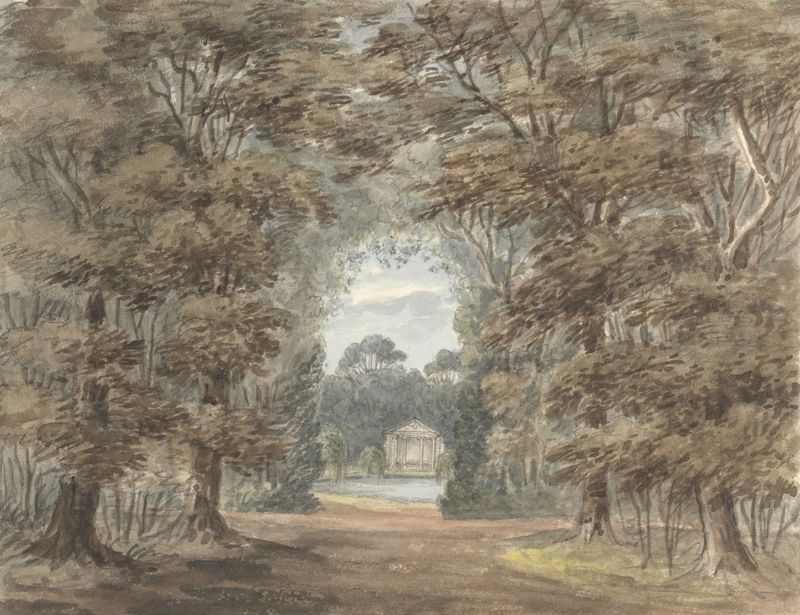 Garden Temple de Anne Rushout, retratando uma paisagem serena com um lago e jasmim em flor, pintura a óleo.