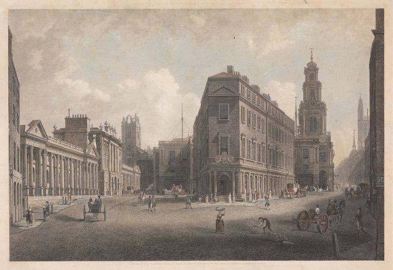 Oil on canvas by William Marlow depicting the Royal Exchange illuminated by gentle light