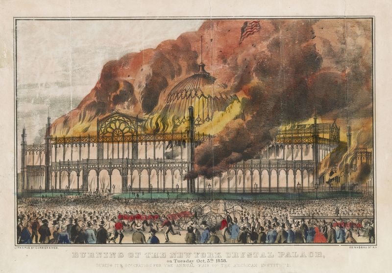 Queima do Crystal Palace de Nova York, litografia de Currier & Ives mostrando uma multidão testemunhando um incêndio